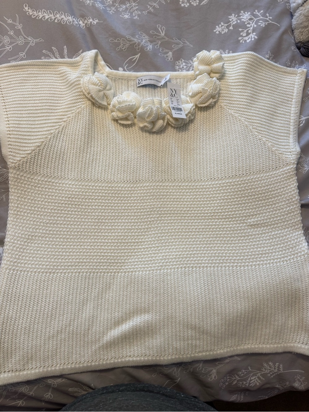 New York & Company Cream Knit Sweater with Rosette Neckline